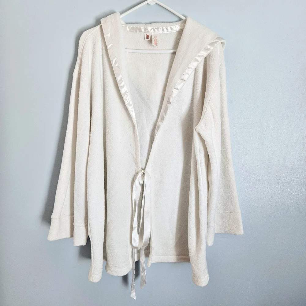 JLO Cream White Terry Hooded Robe Top & Pants w/ Satin Sports Stripe Size Large - Picture 2 of 14